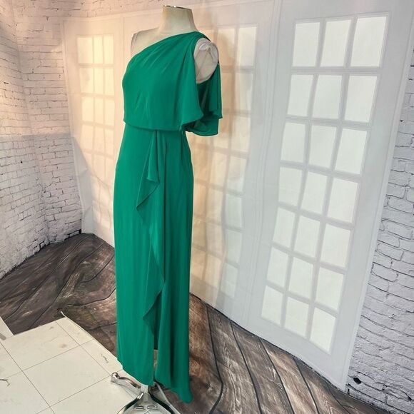 BCBGMaxazria Kendal One Shoulder Ruffle Side Slit Evening Gown Green Size 0 - Picture 5 of 11